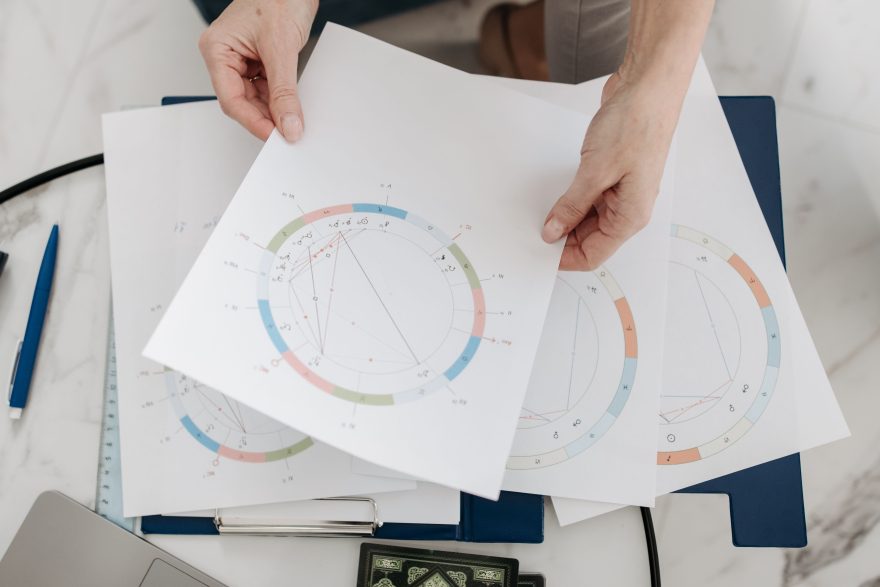 Mains tenant des thèmes astrologiques et graphiques